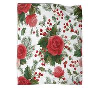 kaiyun Red Roses, Holly Leaves, Pine Branches, Red Berries Outdoor Camping Printed Soft Breathable Warm Blanket Four Seasons Bedroom Bedspread 70x80inch(180x200cm)