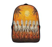 kaiyun Seven Majestic White Horses Backpack for School Kids Elementary Middle Travel Bag Vivid Sunset Palm TreesBoys Girls Lightweight Schoolbag 16 inch
