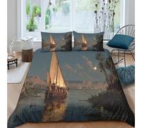 kaiyun Simple Barges on The Nile River in Egypt at Night Duvet Cover 3D Print Microfibre Bedding Sets, 3 Piece Printed Quilt Covers With Pillow Cases, Comforter Cover for Kids Adult King（220x240cm）