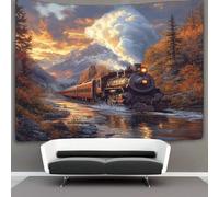 kaiyun Steam Locomotive Passing through Mountains Tapestry Wall Hanging,Beautiful River for Bedroom Decor Birthday Party Celebration Or Garden Backdrop 100cmx150cm