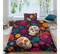kaiyun Sugar Skulls Duvet Cover Set 3 Piece Bedding Set 3D Print Soft Microfibre Polyester Cover with Pillowcases,Flower Pattern Quilt Cover Single(135x200cm)