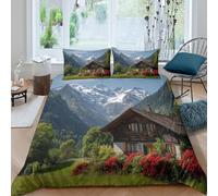kaiyun Swiss Alps Hut, Green Meadow Printed Comforter Cover Set 3D Print Quilt Covers Microfibre Bedding 3 Pcs Set with Pillow Case for Kids Teens Adults King（220x240cm）