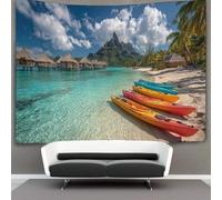 kaiyun Tapestry Wall Hanging Polynesian Island Beach with Huts Rising Above The Lagoon Waters Art for Bedroom Living Room Dorm Decor 150cmx200cm