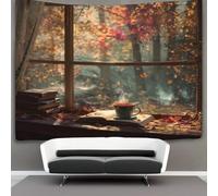 kaiyun Tea And Books on The Windowsill, An Autumn Forest Decorations Tapestry 3D Printing Wall Blanket Wall Hanging for Living Room Bedroom Dorm Decor 70cmx100cm