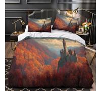kaiyun The Castle Perched High Above The Fiery Autumn Valley 3D Effect Printed Duvet Cover Set with Pillow with Zipper Cases 3 Piece Bedding Set Microfibre Easy-Care Super King(260x220cm)