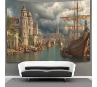 kaiyun The Port of A Medieval Coastal City Tapestry Ships Unloading at The Dock Wall Hanging for Bedroom Home Decor HD Printing Living Room, Dorm 180cmx230cm