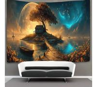 kaiyun Trees, Cottages, And Boats on The Island Tapestry Bedroom Aesthetic - Indie Wall Room Decor Wall Hanging,Wall Art 100cmx150cm