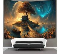 kaiyun Trees, Cottages, And Boats on The Island Tapestry Tapestries 3D Wall Hanging Home Decorations for Room 150cmx200cm