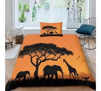 kaiyun Trees, Elephants, Giraffes Duvet Cover Set 3 Piece Bedding Set 3D Print Soft Microfibre Polyester Cover with Pillowcases,African Savannah Landscape Quilt Cover Single(135x200cm)