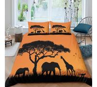kaiyun Trees, Elephants, Giraffes Printed Bedding Set Microfibre Duvet Cover Set 3d African Savannah Landscape Theme Comforter Cover 3 Pieces for Kids Teens Adults Double(200x200cm)