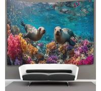 kaiyun Two Cute Sea Lions And Colorful Corals Decorations Tapestry 3D Printing Wall Blanket Wall Hanging for Living Room Bedroom Dorm Decor 180cmx230cm