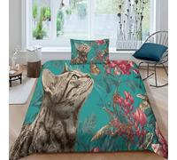 kaiyun Vintage Print Bedding Set 3D Printed Bengal Cat Sniffing A Butterfly Duvet Cover Soft Microfiber Quilt Cover Comforter Cover 3 Piece for Teens Boys Girls Single(135x200cm)