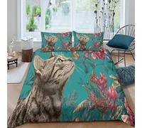 kaiyun Vintage Print Bedding Set 3D Printed Bengal Cat Sniffing A Butterfly Duvet Cover Soft Microfiber Quilt Cover Comforter Cover 3 Piece for Teens Boys Girls Double(200x200cm)