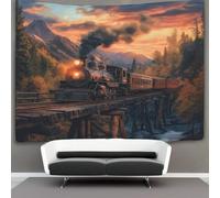 kaiyun Vintage Steam Locomotive Decorations Tapestry Old Wooden Bridge Sunset in The Mountains 3D Printing Wall Blanket Wall Hanging for Living Room Bedroom Dorm Decor 130cmx150cm
