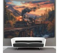 kaiyun Vintage Steam Locomotive Tapestry Bedroom Aesthetic - Indie Wall Room Decor Old Wooden Bridge Sunset in The Mountains Wall Hanging,Wall Art 180cmx230cm