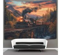 kaiyun Vintage Steam Locomotive Tapestry Old Wooden Bridge Sunset in The Mountains Wall Hanging Bedroom Home Decor 150cmx200cm