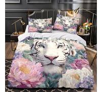 kaiyun Watercolor Flowers White Tiger 3D Printed Duvet Cover Microfibre for Kids Teens Adults Soft Quilt Covers Easy Care Bedding Sets with Pillowcase Super King(260x220cm)