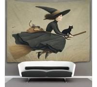kaiyun Wearing A Witch's Hat, Riding A Broom, Black Cat Tapestry Wall Hanging, for Bedroom Decor Birthday Party Celebration Or Garden Backdrop 100cmx150cm