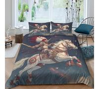 kaiyun White And Red Horse Flying Across The Galaxy Bedding Set 3D Printed Aztec Warrior Duvet Cover Soft Microfiber Quilt Cover Comforter Cover 3 Piece for Teens Boys Girls Double(200x200cm)