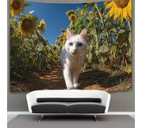 kaiyun White Cat Walking on The Path in The Sunflower Field Tapestry Wall Hanging Bedroom Home Decor 70cmx100cm