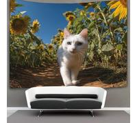 kaiyun White Cat Walking on The Path in The Sunflower FieldTapestry Wall Hangings Living Room Decorative for Bedroom 130cmx150cm