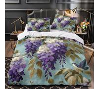 kaiyun Wisteria Pattern Duvet Cover Set 3 Piece Bedding Set 3D Print Soft Microfibre Polyester Cover with Pillowcases, Quilt Cover Super King(260x220cm)