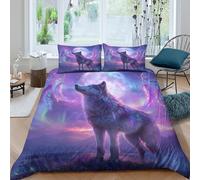 kaiyun Wolf, Northern Lights Night Sky, Dream Catcher Duvet Cover Set 3D Printed Quilt Covers 3Pcs with Pillowcase Zipper Closure, Soft Easy Care Microfibre Bedding King（220x240cm）