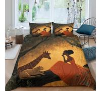 kaiyun Young Black Woman, Giraffe, Leopard 3D Effect Printed Duvet Cover Set with Pillow with Zipper Cases 3 Piece Bedding Set Microfibre Easy-Care King（220x240cm）
