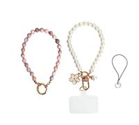 Kaiyzo 2 Pcs Beaded Phone Charm, Pink Natural Stone Cellphone Strap Wrist with Tether Tab, Classic Pearl Flower Mobile Phone Charm, Anti-Lost Wrist Straps Lanyard for Wallet Handbag Camera Decoration