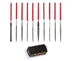 Kaiyzo Diamond Needle File Set, 10 Pc 2 x 100 mm Mini Round Precision Files, High Efficiency Metal Wood Plastic Jewelry Finishing, Includes One Handleless Black Bristle Brush, Diamond Surface