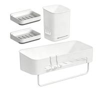 Kaiyzo Shower Caddy No Drill, 4-Piece Bathroom Shelves Set - Rustproof ABS Plastic Shower Organiser, Large Capacity Adhesive Wall Storage with Soap Dish & Toothbrush Holder, White