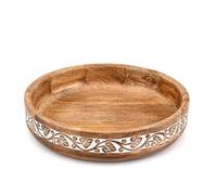 Kaizen Casa Handcrafted Mango Wood Centerpiece Bowl with Burnt Interior and Whitewashed Leaf Design | Decorative Wooden Bowl for Dining Table, Coffee Table & Entryway (12" X 12" X 2.5")