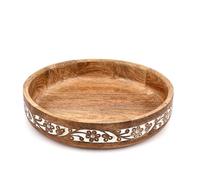 Kaizen Casa Mango Wood Decorative Bowl - Burnt Inner Finish & Whitewash Floral Carving | Wooden Table Centerpiece for Farmhouse, Rustic & Modern Home Décor (12" X 12" X 2.5")