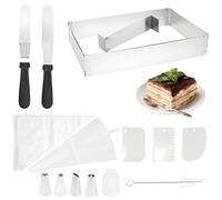 Kaizuca 33 Piece Adjustable Rectangular Cake Ring Set, Stainless Steel Baking Frame with Spatula, Piping Bag and Nozzles, for Making Mousse Cakes, Cheesecake, Tiramisu, Desserts and Cakes