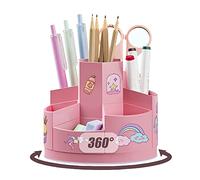 Kaizuca 360° Rotatable Rotating Pen Caddy, Creative Pen Pot, Desktop Stationary Organizer, with 2 Piece Cartoon Stickers, with 7 Compartments and Anti Slip Mat, for Office Storage(Pink)