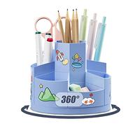 Kaizuca 360° Rotatable Rotating Pen Caddy, Creative Pen Pot, Desktop Stationary Organizer, with 2 Piece Cartoon Stickers, with 7 Compartments and Anti Slip Mat, for Office Storage (Blue)