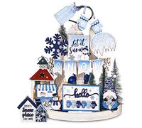 Kajaia 15 Pcs Winter Tiered Tray Decor Set Snow Snowman Table Wooden Signs Warm Winter Tabletop Wooden Block Holiday Table Centerpiece for Home Table Decor(Snowflake)