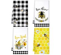 Kajaia 4 Pcs Bee Kitchen Towels Honey Bee Kitchen Decor Gnome Sunshine Cloth Summer Gifts Yellow Honeycomb Absorbent Washcloth Grid Tea Dish Hand Towels for Holiday Bathroom Home Housewarming Gifts