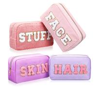 Kajaia 4 Pcs Preppy Makeup Bags Chenille Letter Bag Hair Face Skin Stuff Cosmetic Pouch Cases for Women Travel Toiletry Spend The Night, Pink, Purple, Cute