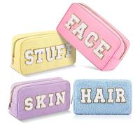 Kajaia 4 Pcs Preppy Makeup Bags Chenille Letter Bag Hair Face Skin Stuff Cosmetic Pouch Cases for Women Travel Toiletry Spend The Night, Multi Color, Exquisite