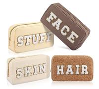 Kajaia 4 Pcs Preppy Makeup Bags Chenille Letter Bag Hair Face Skin Stuff Cosmetic Pouch Cases for Women Travel Toiletry Spend The Night, Beige, Brown, Milk White, Coffee, Fresh