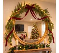Kajaia Christmas Mirror Garland Set 6Ft Cedar Swag with Light Velvet Bow | Long Tail Burgundy Velvet Bow, Artificial Xmas Wreath, Holiday Greenery Decor for Mirror Door Mantel Fireplace Stair Home