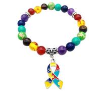 Kajfjad Autism Support Bracelet, Colorful Chakra Beads with Puzzle and Heart Charms, Sensory Jewelry Gift for Autistic Adults, Teachers and Advocates