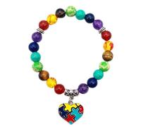 Kajfjad Autism Support Bracelet, Elastic Chakra Beads with Heart and Puzzle Charms for Special Needs Jewelry, Inspirational Gift for Autistic Population, Teachers and Advocates