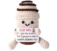 Kajfjad Handmade Knitted Coffee Cup, Small Yarn Crochet Doll with Wife Card, Cute Miniature Gift for Birthday Anniversary, Positive Home Desk Decoration