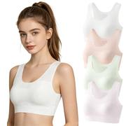 KAKALATLJ 4 Pack Training Bra, Seamless Wide Strap Crop Tops for Girls, Soft Non Padded Girls Sports Bra for Teen Kids Age 10-15 White