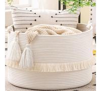 KAKAMAY Large Blanket Basket (20"x13"),Woven Baskets for storage Baby Laundry Hamper, Cotton Rope Blanket Basket for Living Room, Laundry, Nursery, Pillows, Baby Toy chest (White)