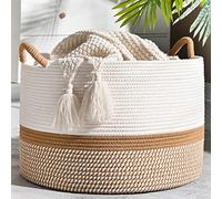 KAKAMAY Large Blanket Basket (20"x13"),Woven Baskets for storage Baby Laundry Hamper, Cotton Rope Blanket Basket for Living Room, Laundry, Nursery, Pillows, Baby Toy chest (White/Brown)