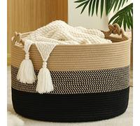KAKAMAY Large Blanket Basket (20"x13"),Woven Rope Baskets for storage Baby Laundry Hamper, Cotton Rope Blanket Basket for Living Room, Laundry, Nursery, Pillows,Baby Toy chest (Jute/Black)