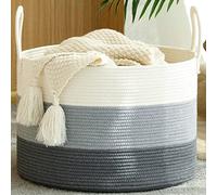 KAKAMAY Large Cotton Rope Storage Basket (20"x13"),Woven Baby Laundry Hamper，Blanket Basket for Nursery, Laundry, Living Room, Pillows, Toys with Leather Handles （White/Grey）